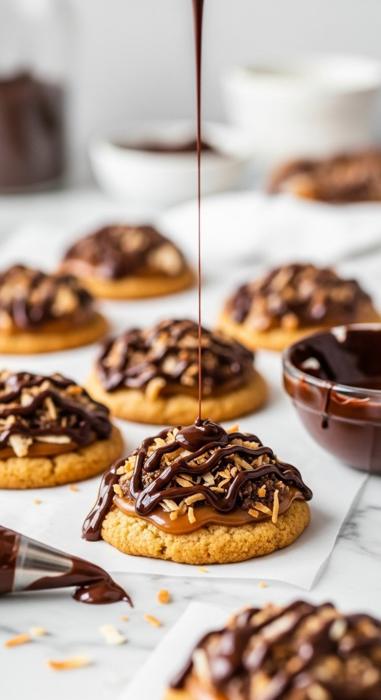 A Decadent Copycat Samoa Cookie, Topped With Caramel And Coconut, Is Beautifully Drizzled With Glossy Dark Chocolate.