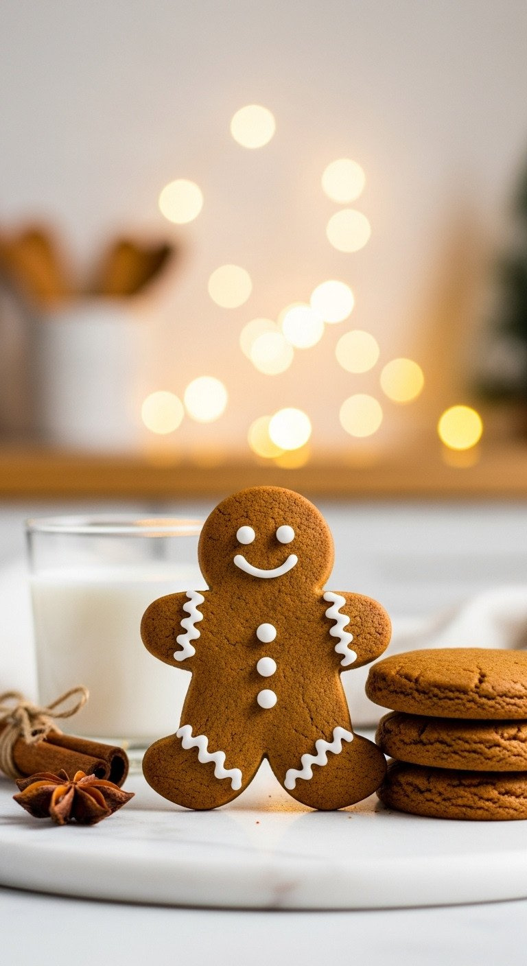 A Decorated Gingerbread Man Cookie With White Icing Leaning Against A Stack Of Cookies By A Glass Of Milk And Warm Lights.