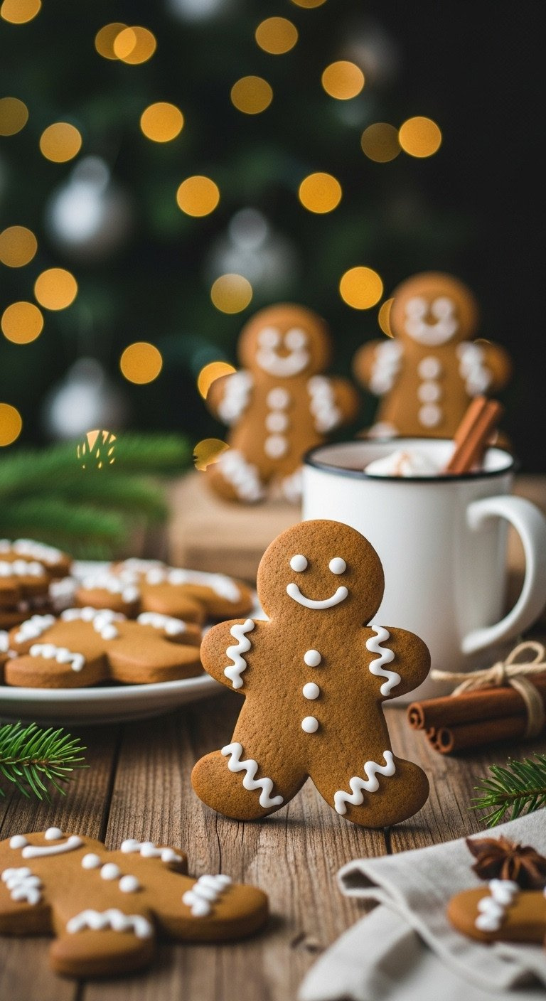 A Decorated Gingerbread Man Cookie With White Icing On A Wood Table Next To Hot Cocoa, With A Christmas Tree Behind.