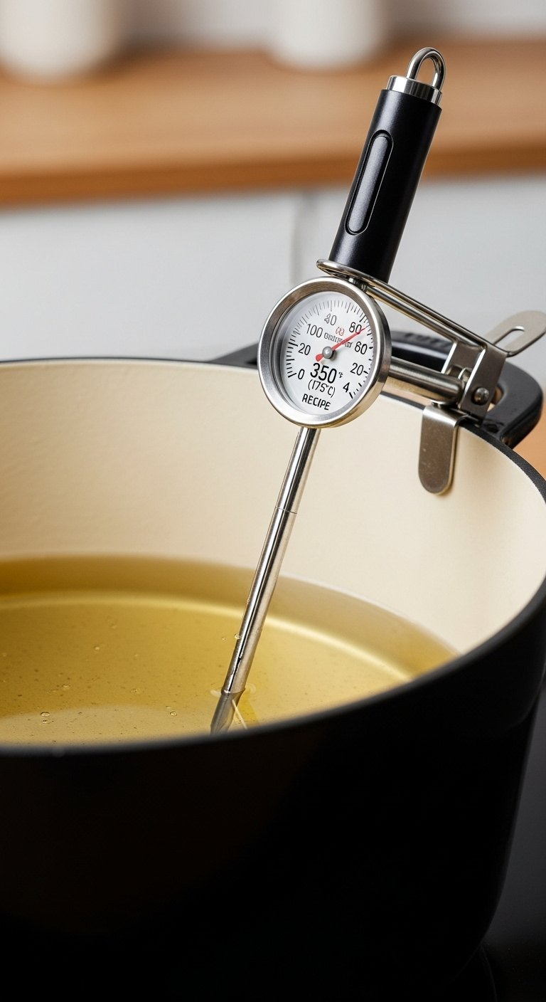 A Deep Fry Thermometer Clipped To A Dutch Oven Reads The Temperature Of The Hot Oil.