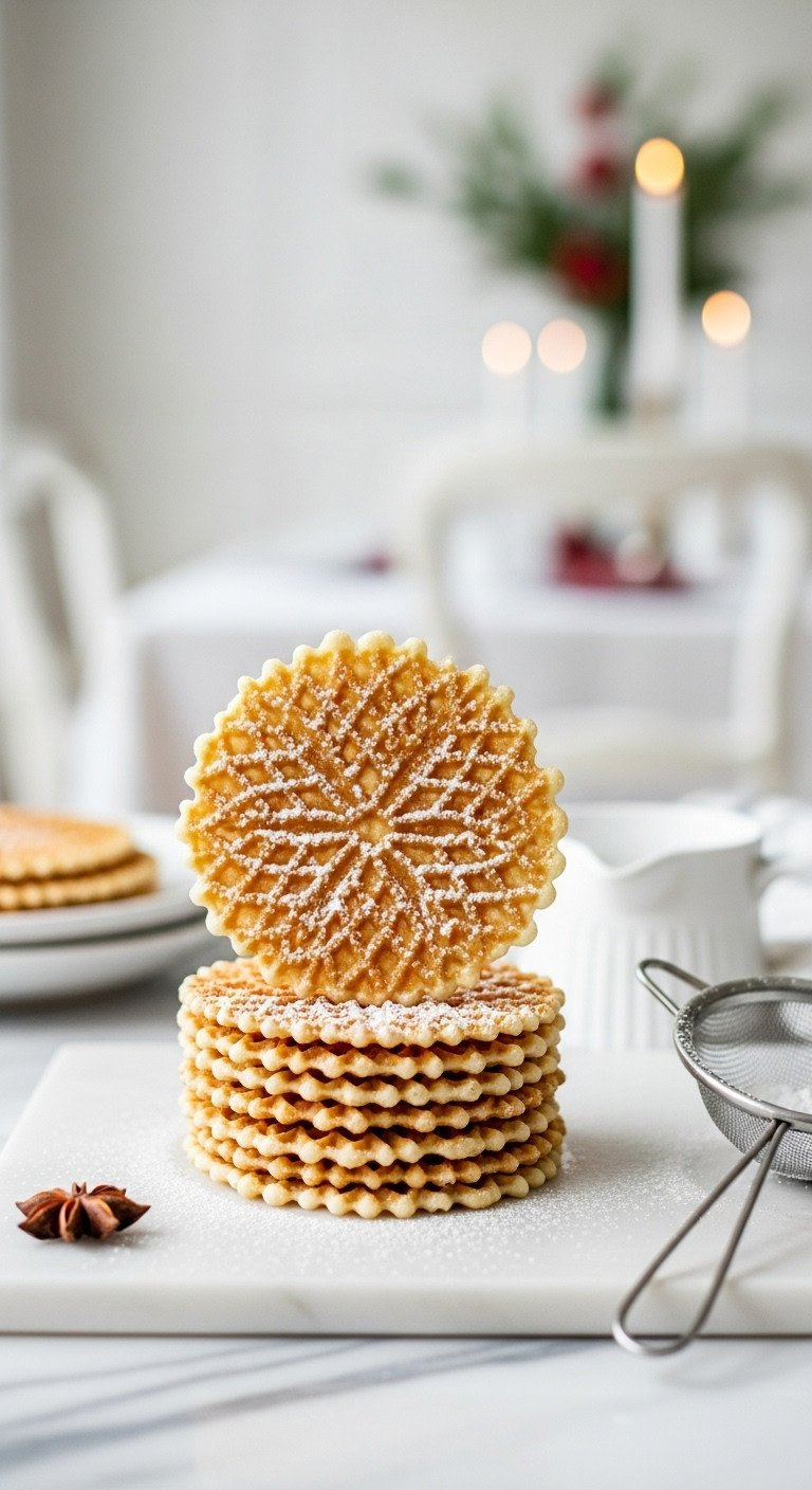 A Delicate Stack Of Golden-Brown Italian Pizzelle Cookies With A Snowflake Pattern, Dusted With Powdered Sugar On Marble.