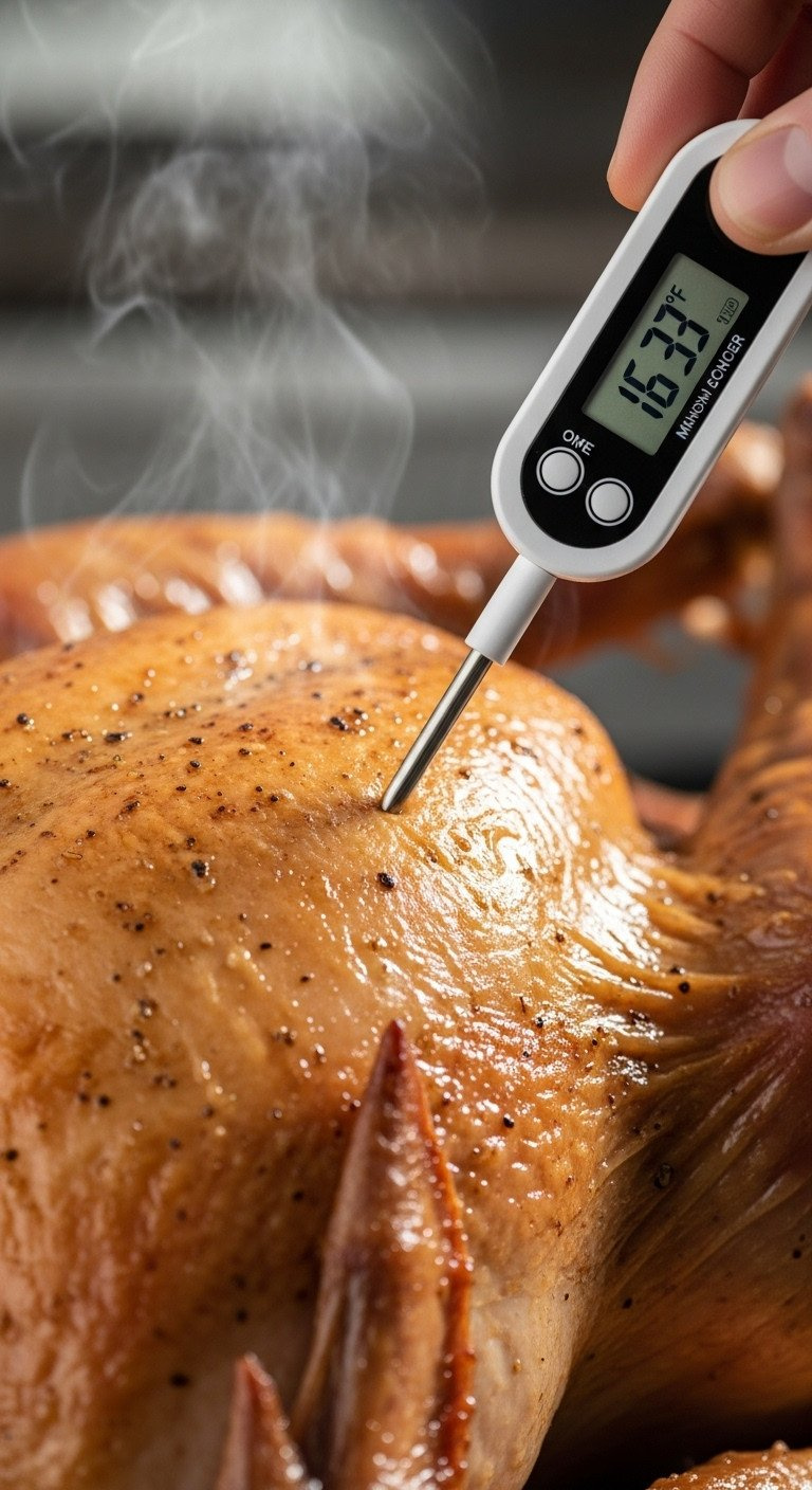 A Digital Instant-Read Thermometer Is Inserted Into A Roasted Turkey Thigh To Check The Internal Temperature For Doneness.