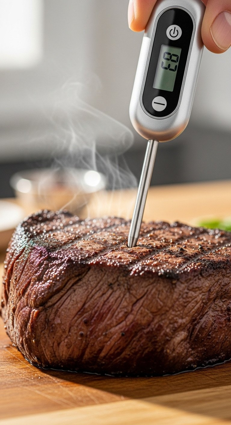 A Digital Instant-Read Thermometer Is Inserted Into A Thick, Seared Filet Mignon Steak Resting On A Wooden Cutting Board.