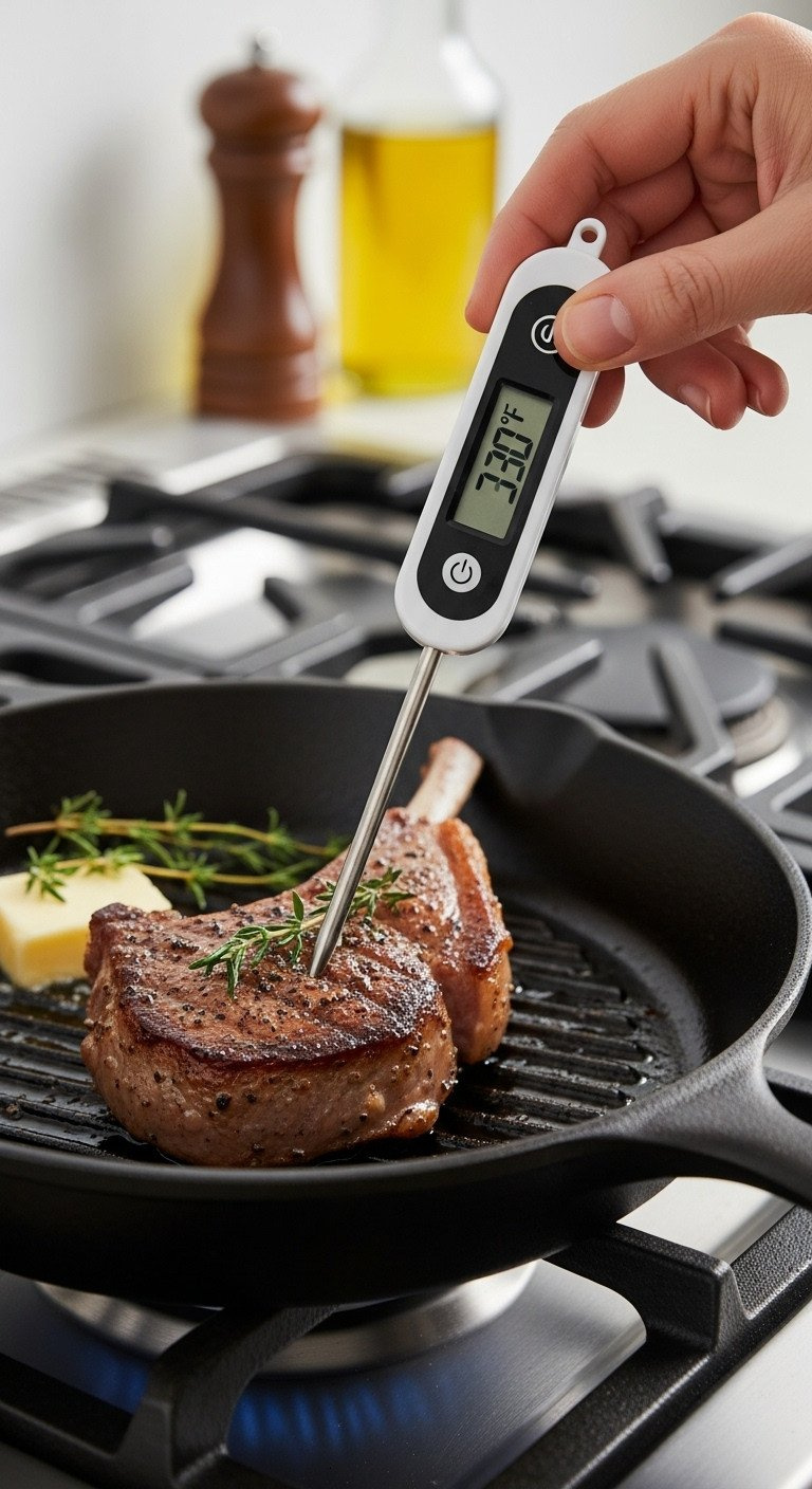 A Digital Meat Thermometer Inserted Into A Seared Lamb Chop In A Skillet, Showing A Temperature Of 130°F For Medium-Rare.