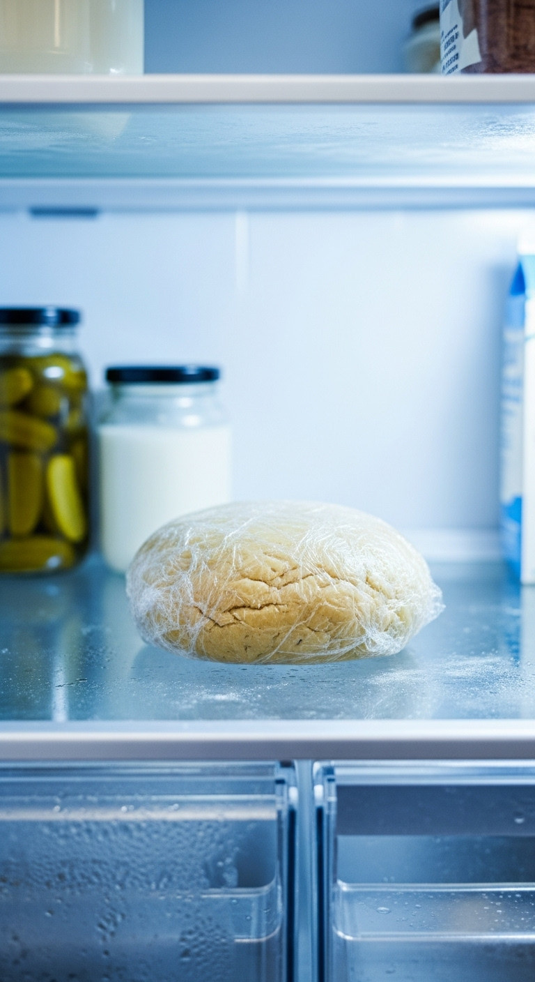 A Disc Of Cookie Dough Tightly Wrapped In Plastic Wrap Chilling On A Glass Shelf Inside A Bright, Organized Refrigerator.