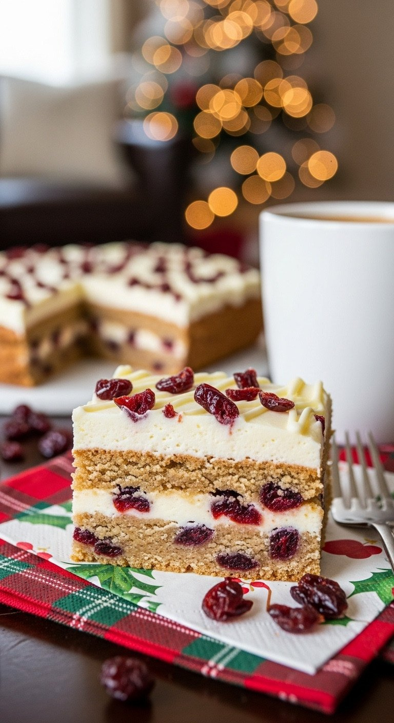 A Festive Cranberry Bliss Bar With Cream Cheese Frosting And White Chocolate Drizzle On A Plaid Holiday Napkin.