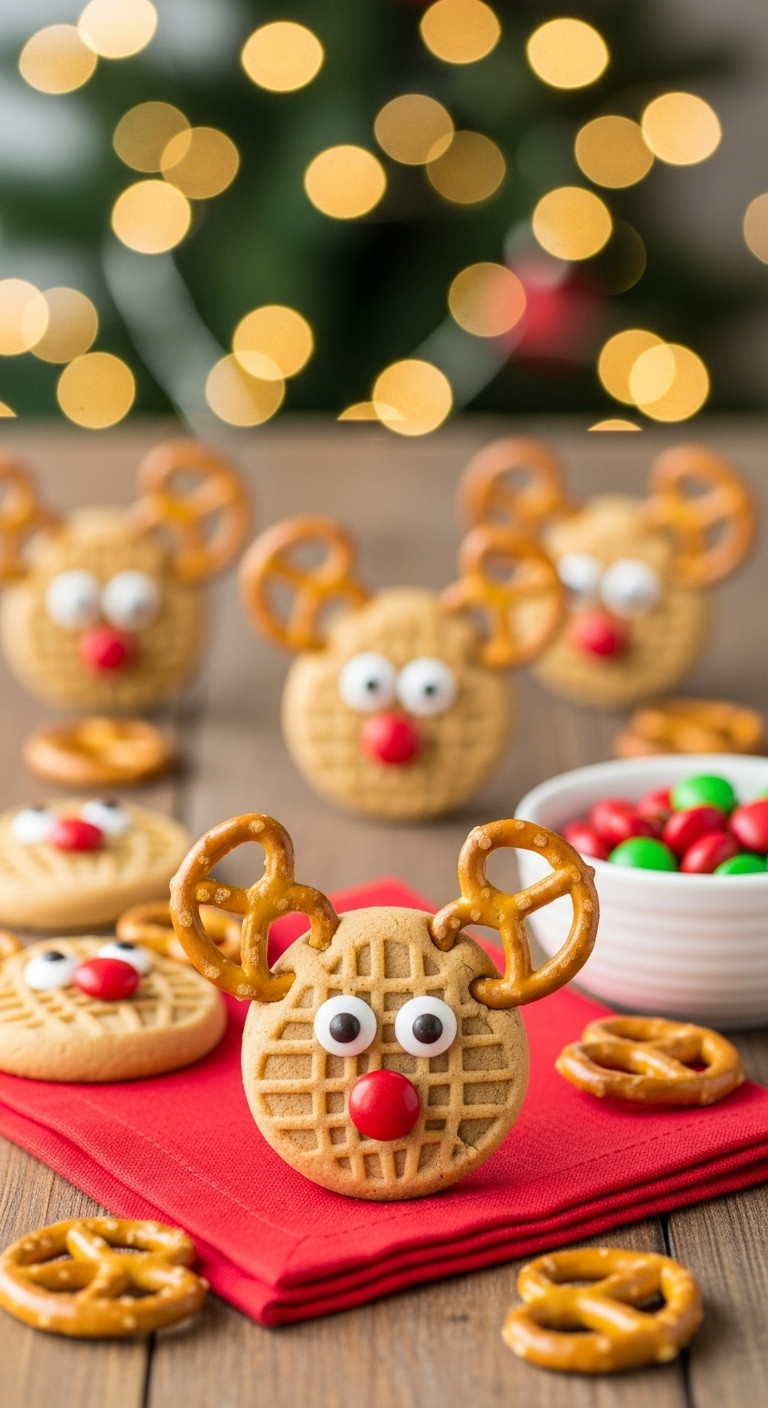 A Festive Rudolph The Reindeer Peanut Butter Cookie With Pretzel Antlers, Candy Eyes, And A Red Nose On A Wooden Table.