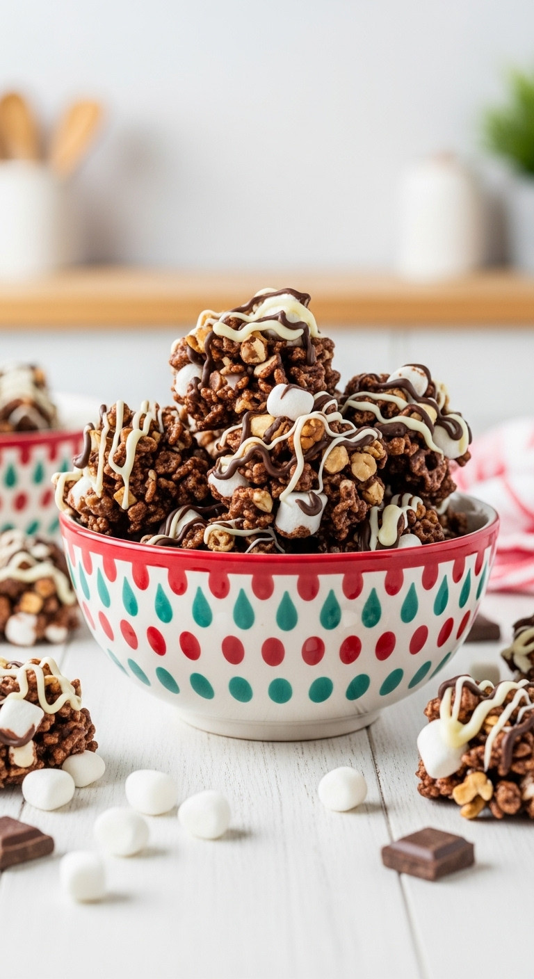 A Festive Bowl Filled With No-Bake Chocolate Avalanche Clusters Made With Marshmallows And Crispy Rice Cereal On A Wood Table.