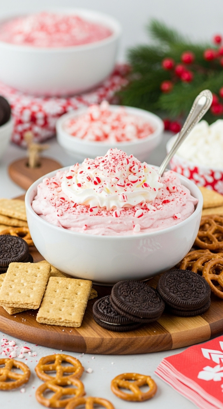 A Festive Bowl Of Fluffy Pink Peppermint Cream Cheese Dip, Topped With Whipped Cream And Crushed Candy Canes.