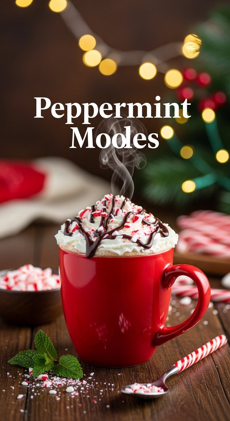 A Festive Red Ceramic Mug Of Rich Peppermint Mocha Topped With Whipped Cream And Crushed Candy Canes.