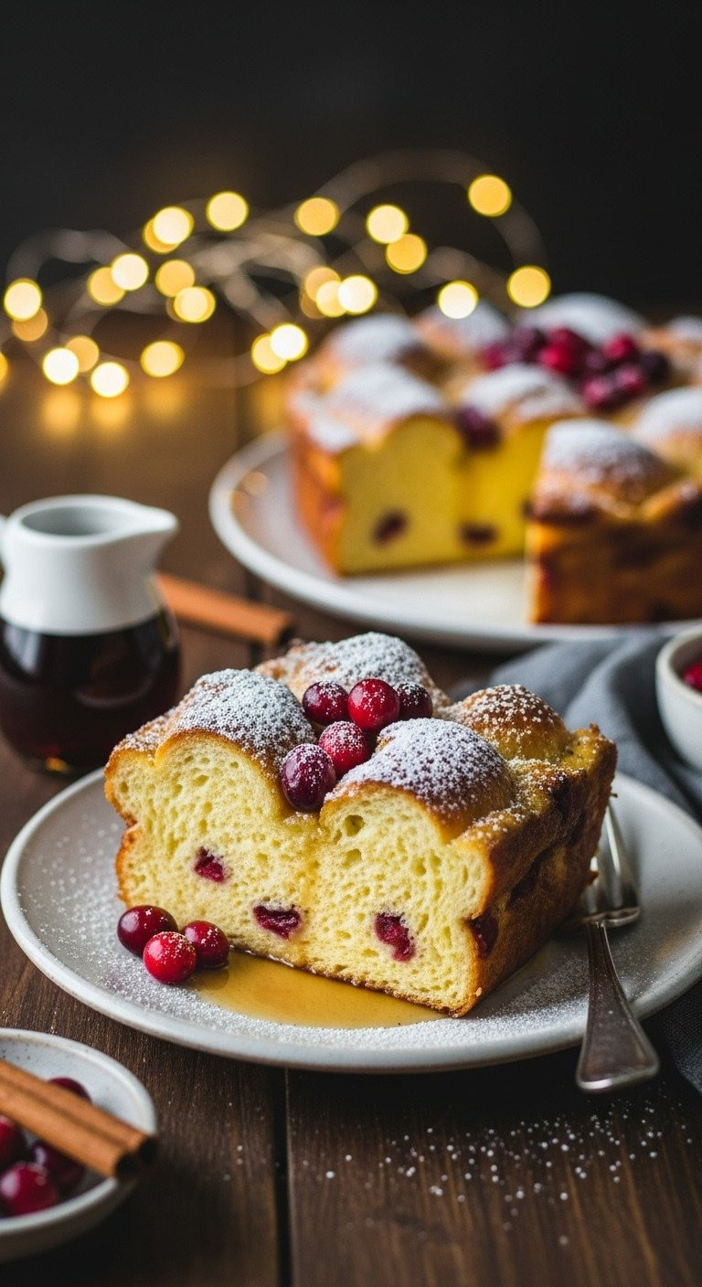 A Festive Slice Of Eggnog French Toast Casserole With Powdered Sugar And Cranberries On A Plate For A Holiday Breakfast.