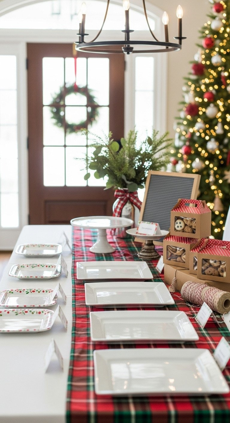 A Festive Welcome Table For A Christmas Cookie Exchange With Empty Platters And Kraft Paper Boxes On A Plaid Tablecloth.