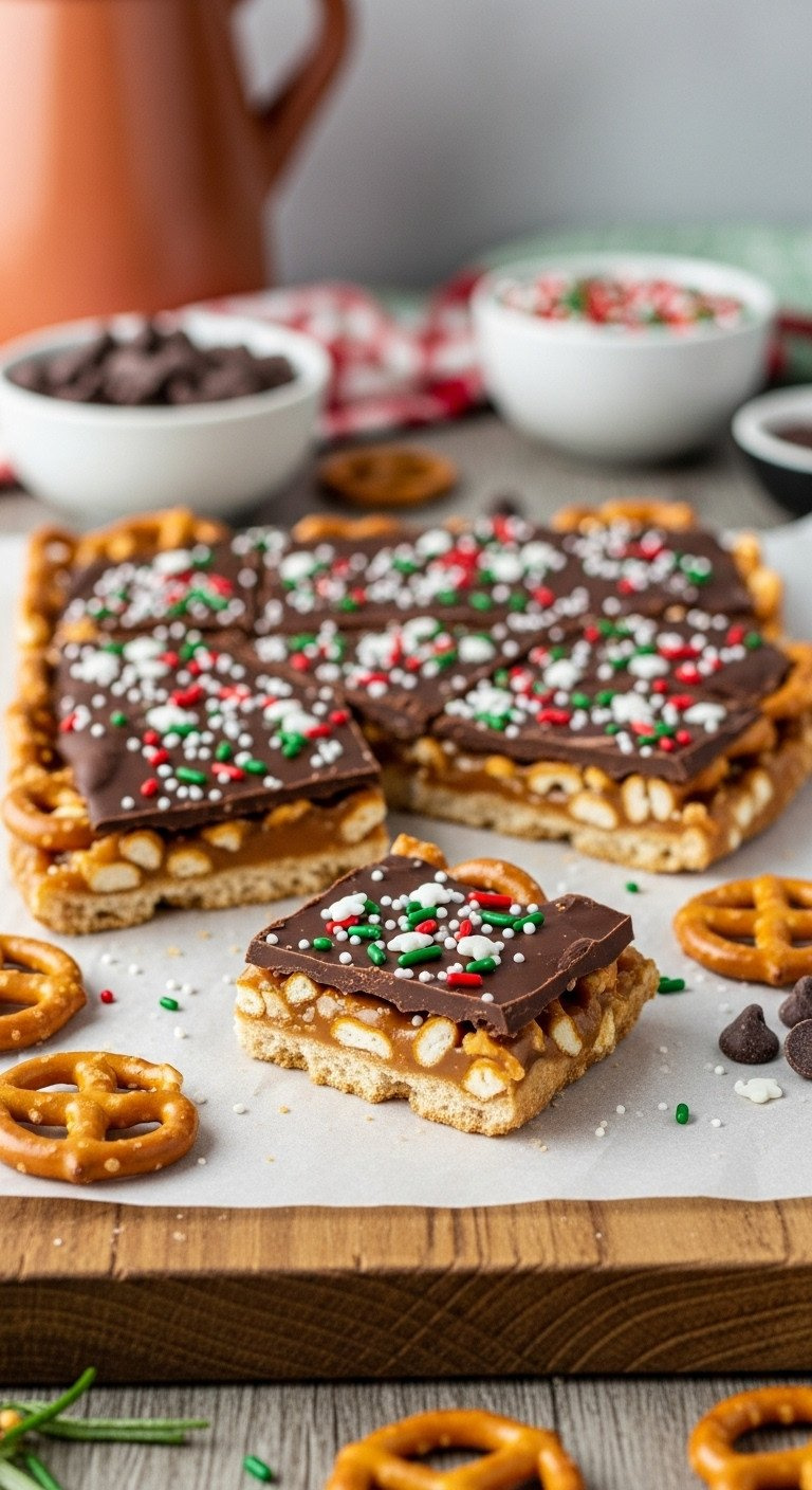A Flat Lay Of Christmas Crack With Layers Of Pretzel Toffee And Chocolate, Topped With Festive Holiday Sprinkles.