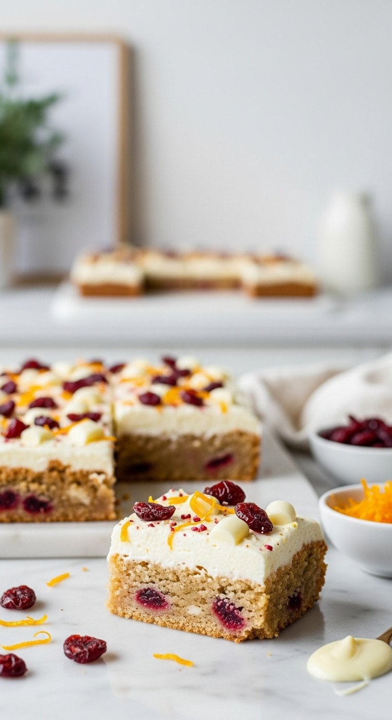 A Flat Lay Of A Cranberry Bliss Bar With Cream Cheese Frosting, Dried Cranberries, And Orange Zest On A Marble Surface.