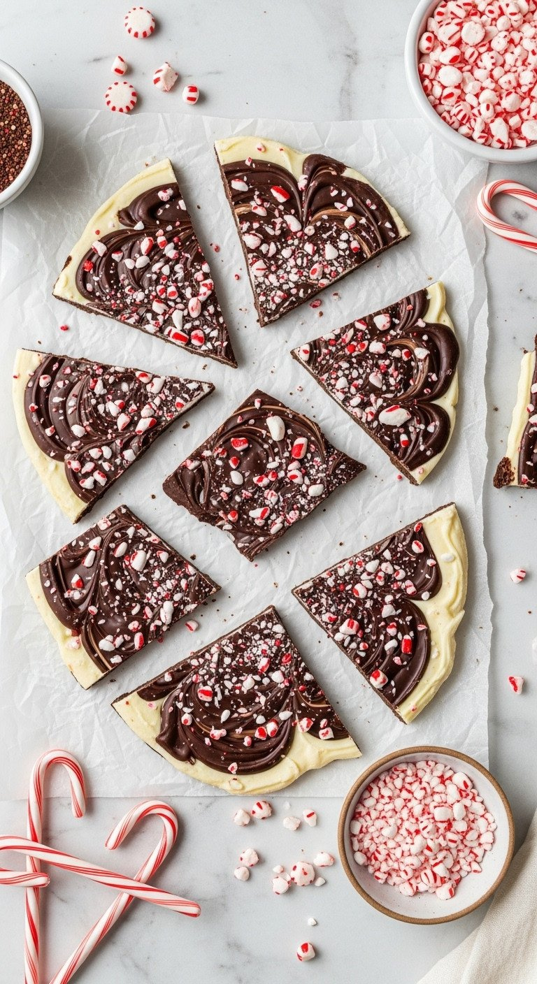 A Flat Lay Of Broken Peppermint Chocolate Bark With Crushed Candy Pieces On Parchment Paper On A Marble Surface.