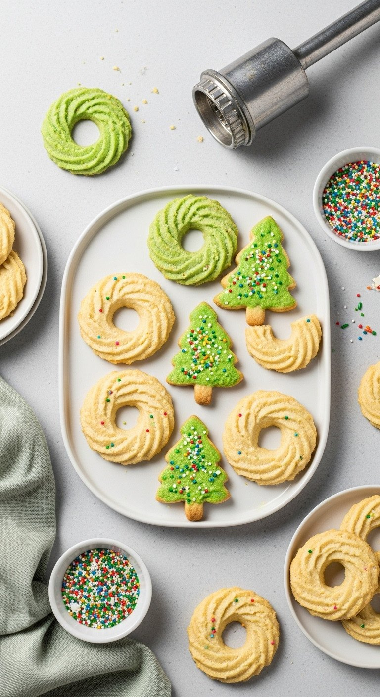A Flat Lay Of Delicate, Buttery Gluten-Free Spritz Cookies In Festive Shapes Decorated With Colorful Sprinkles.
