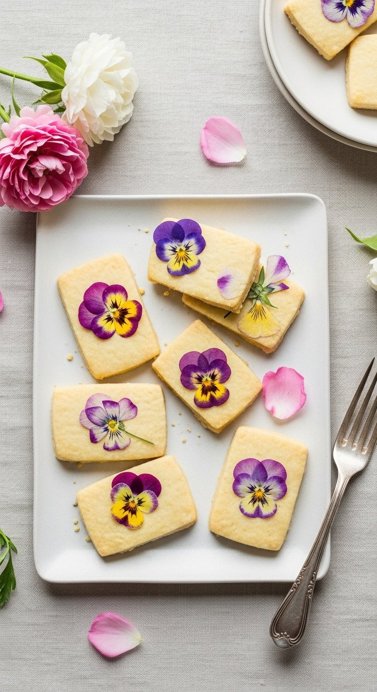 A Flat Lay Of Delicate Rectangular Shortbread Cookies Decorated With Beautiful Pressed Edible Flowers On A Linen Cloth.