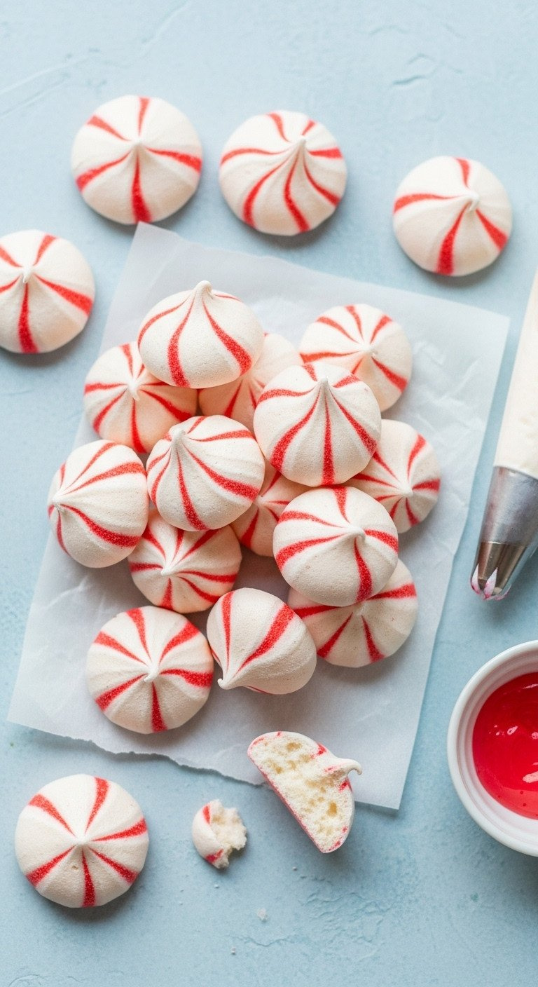 A Flat Lay Of Light And Airy Peppermint Meringue Kisses With Festive Red Stripes Scattered On White Parchment Paper.