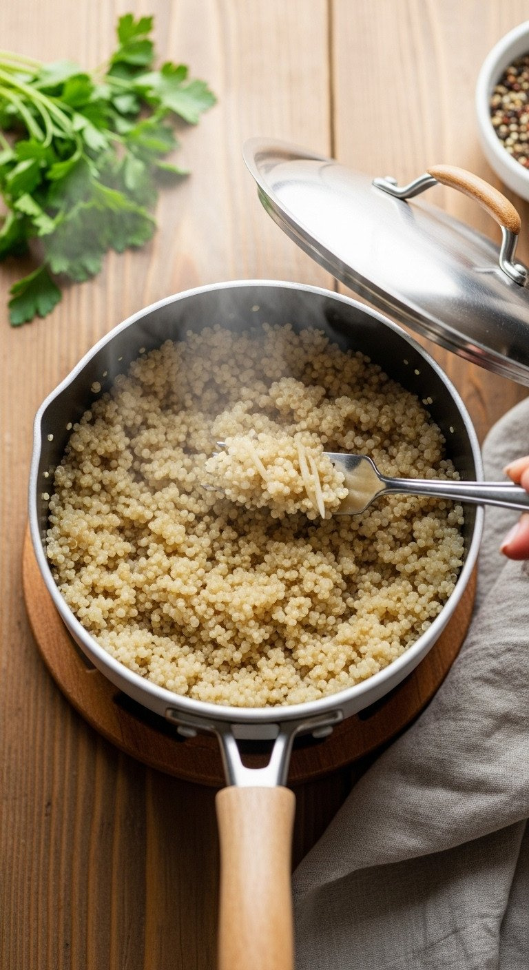 A Fork Fluffing Perfectly Cooked, Steamy Quinoa In A Saucepan On A Wooden Table, Garnished With Fresh Parsley.