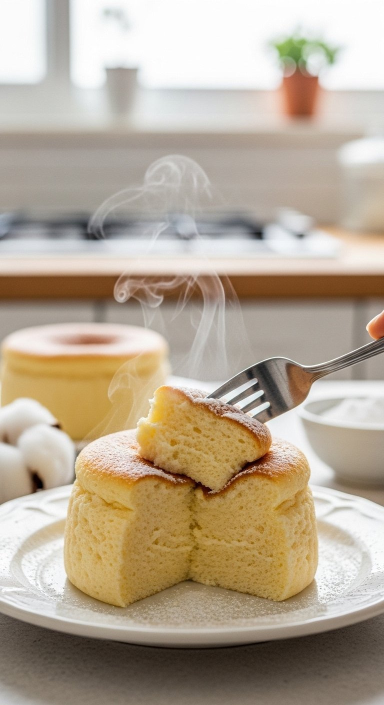 A Fork Presses Into A Fluffy Japanese Cotton Cheesecake Cupcake On A Vintage Plate, Showcasing Its Airy Texture And Golden Top.