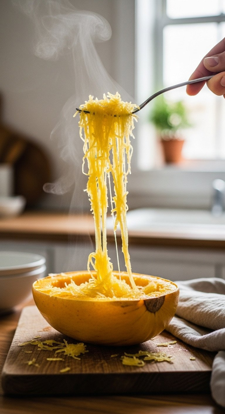 A Fork Shreds The Flesh Of A Cooked Spaghetti Squash On A Wooden Board, Creating Long, Healthy Spaghetti-Like Strands.