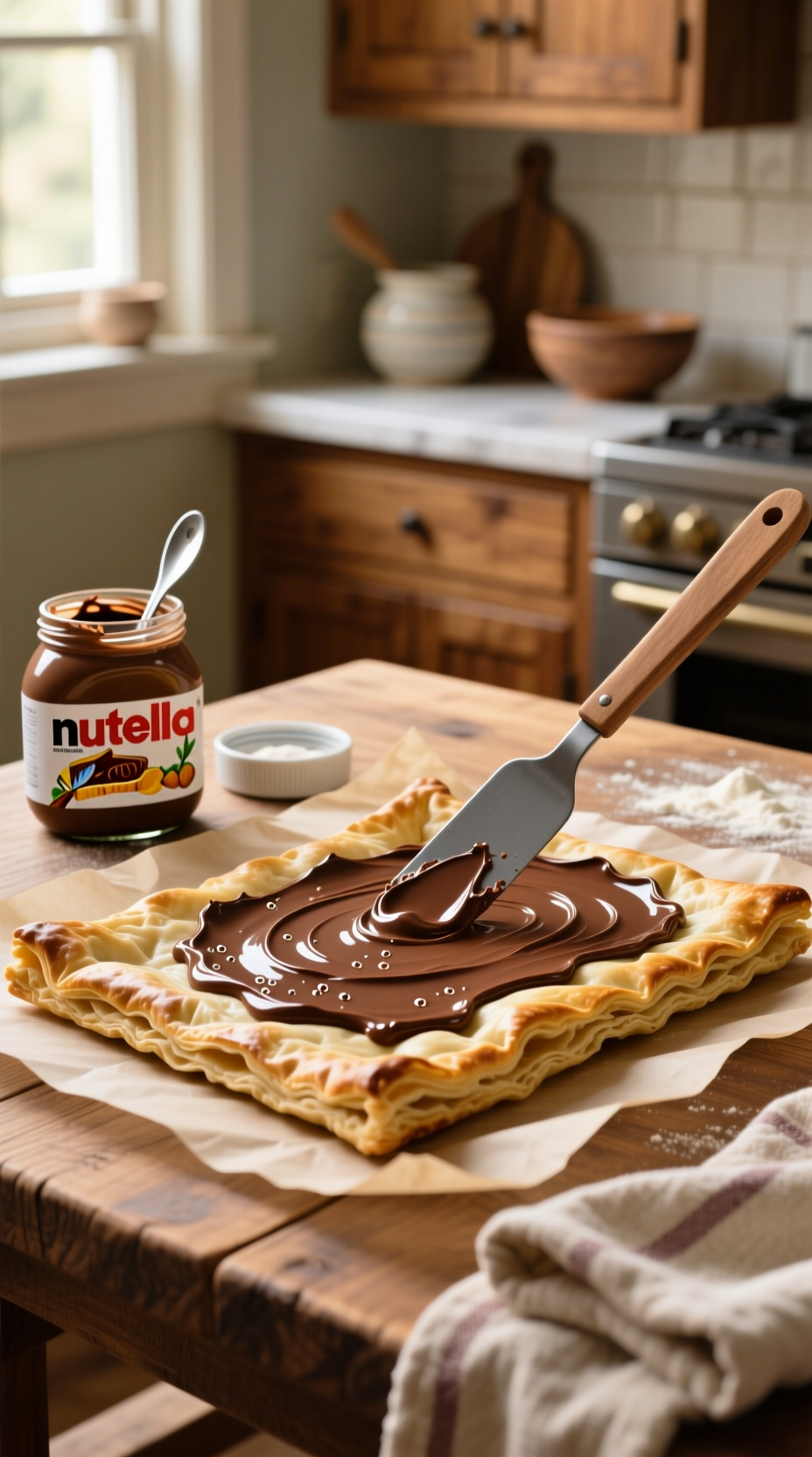 A Freshly Baked Golden-Brown Nutella Christmas Tree Puff Pastry Dessert Rests On A Cooling Rack In A Festive Kitchen.