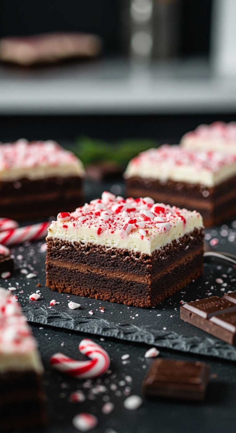 A Fudgy Peppermint Brownie Square With A Crackly Top, Peppermint Frosting, And Crushed Candy Canes On A Dark Surface.