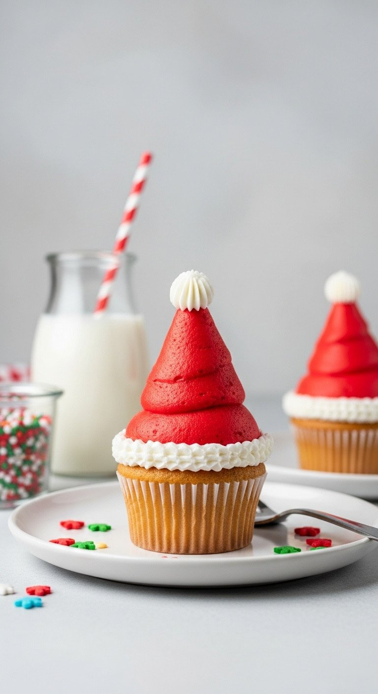 A Fun Santa Hat Cupcake Made With A Bright Red Frosting Cone And White Frosting Trim On A Simple White Plate.