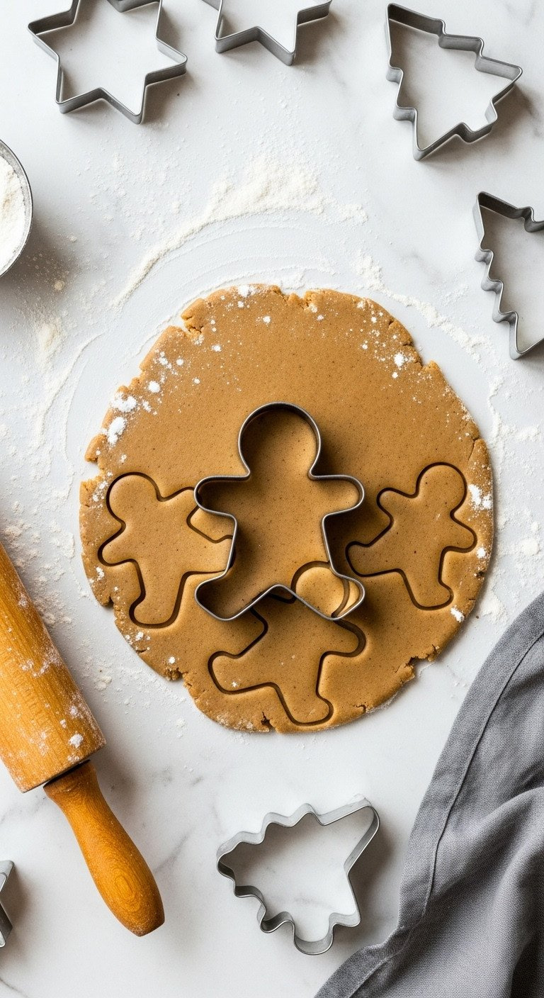 A Gingerbread Man Cookie Cutter Is Pressed Into Rolled-Out Cookie Dough On A Lightly Floured White Marble Countertop.