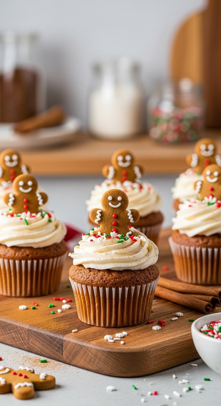 A Gingerbread Spice Cupcake With Cream Cheese Frosting, Topped With A Mini Gingerbread Man Cookie On A Wooden Board.