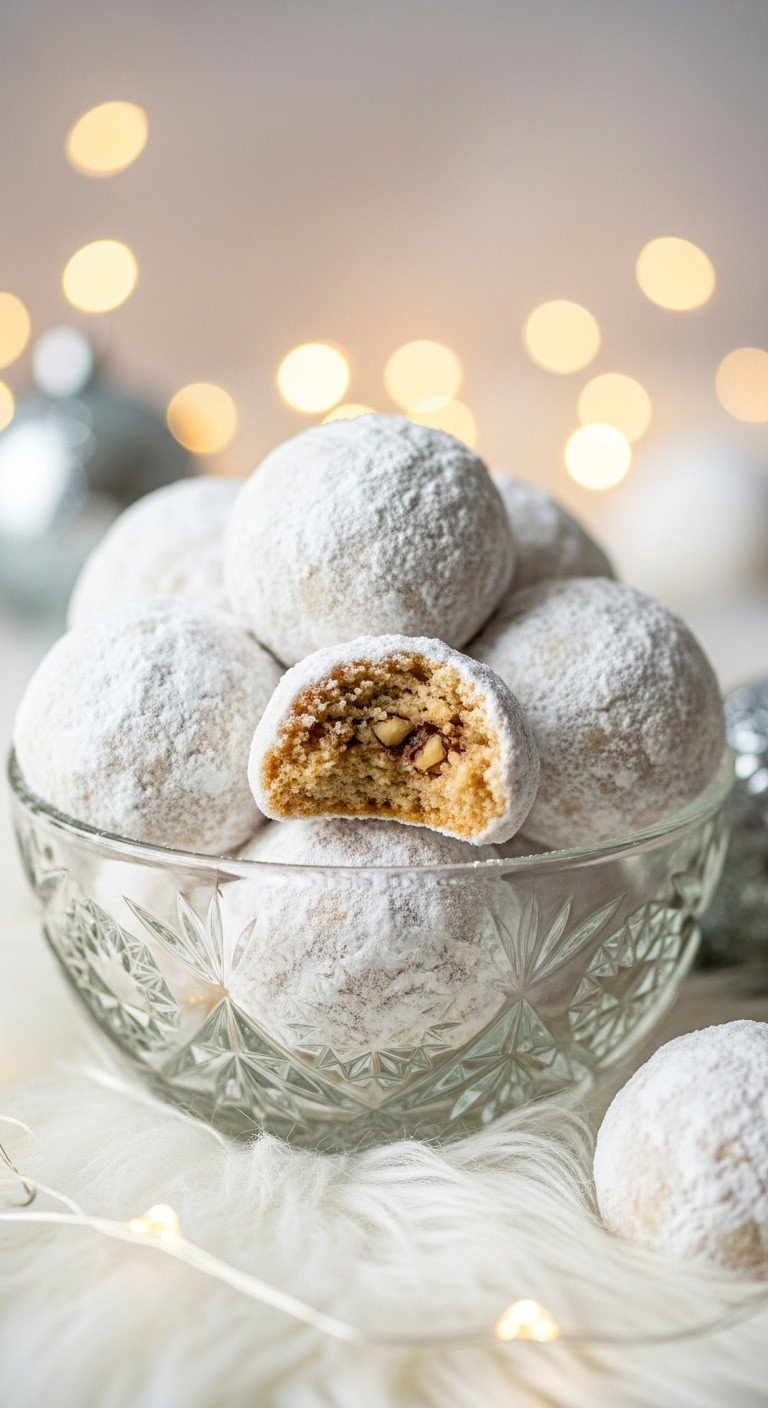 A Glass Bowl Of Snowball Cookies Coated In Powdered Sweetener On A Fluffy Surface With Festive Bokeh Lights.