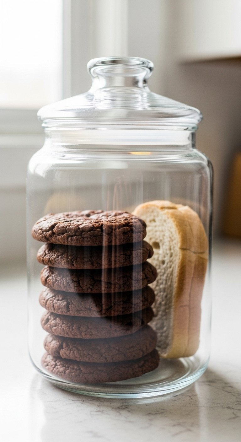A Glass Cookie Jar Stores Fudgy Brownie Cookies With A Slice Of Bread To Keep Them Soft.