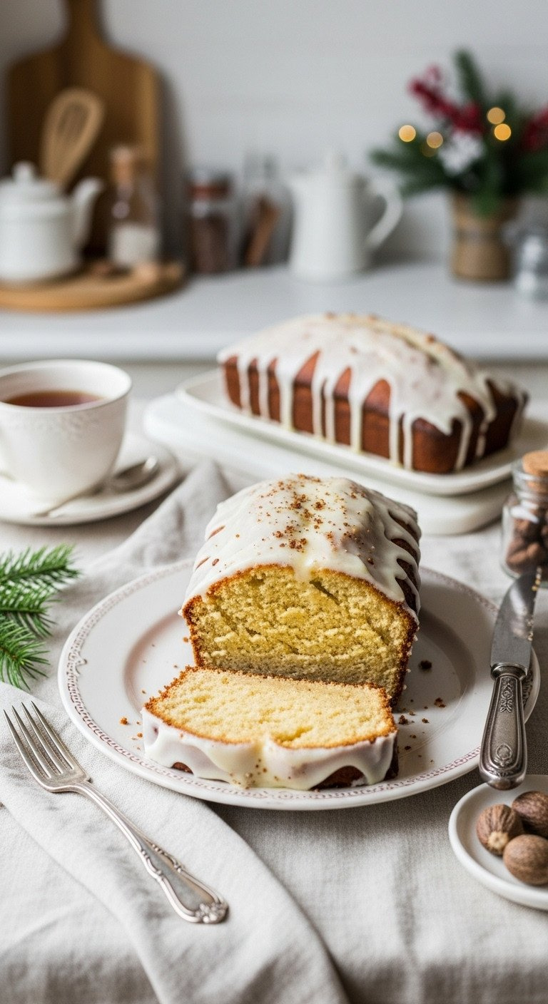 A Glazed Eggnog Loaf Cake With A Slice Cut To Show The Moist Crumb, A Perfect Holiday Quick Bread Recipe For A Cozy Morning.