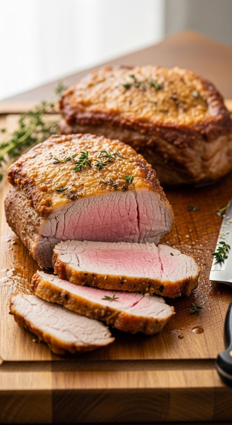A Golden-Brown Seared Pork Chop, Sliced To Show A Juicy Pink Center, Rests On A Wooden Cutting Board With A Chef's Knife.