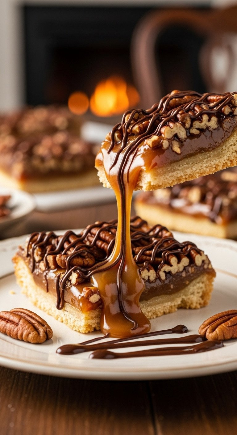 A Gooey Caramel Turtle Cookie Bar With Toasted Pecans And Chocolate Drizzle On A Vintage Plate, Ready For A Holiday Recipe.