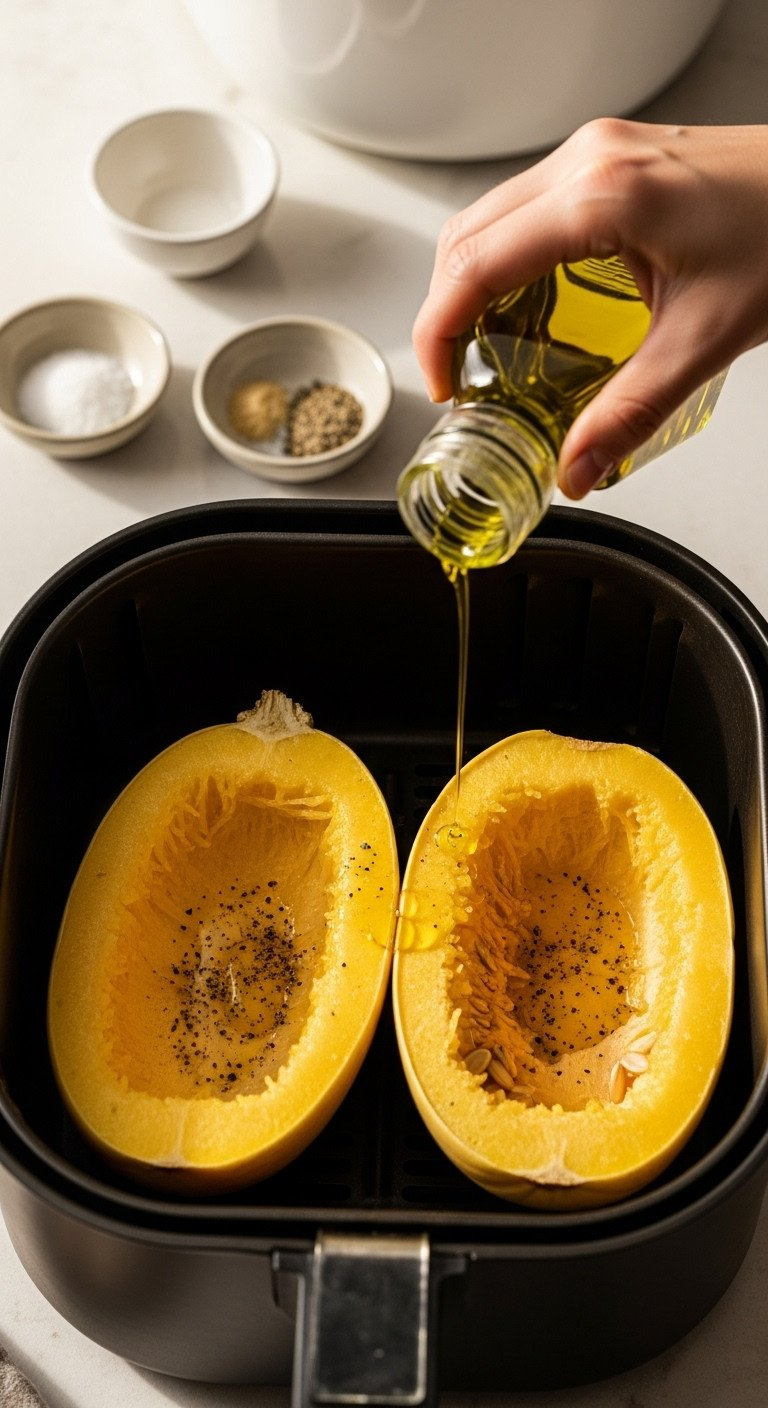 A Hand Drizzling Olive Oil To Season Two Spaghetti Squash Halves Placed In An Air Fryer Basket Before Cooking.