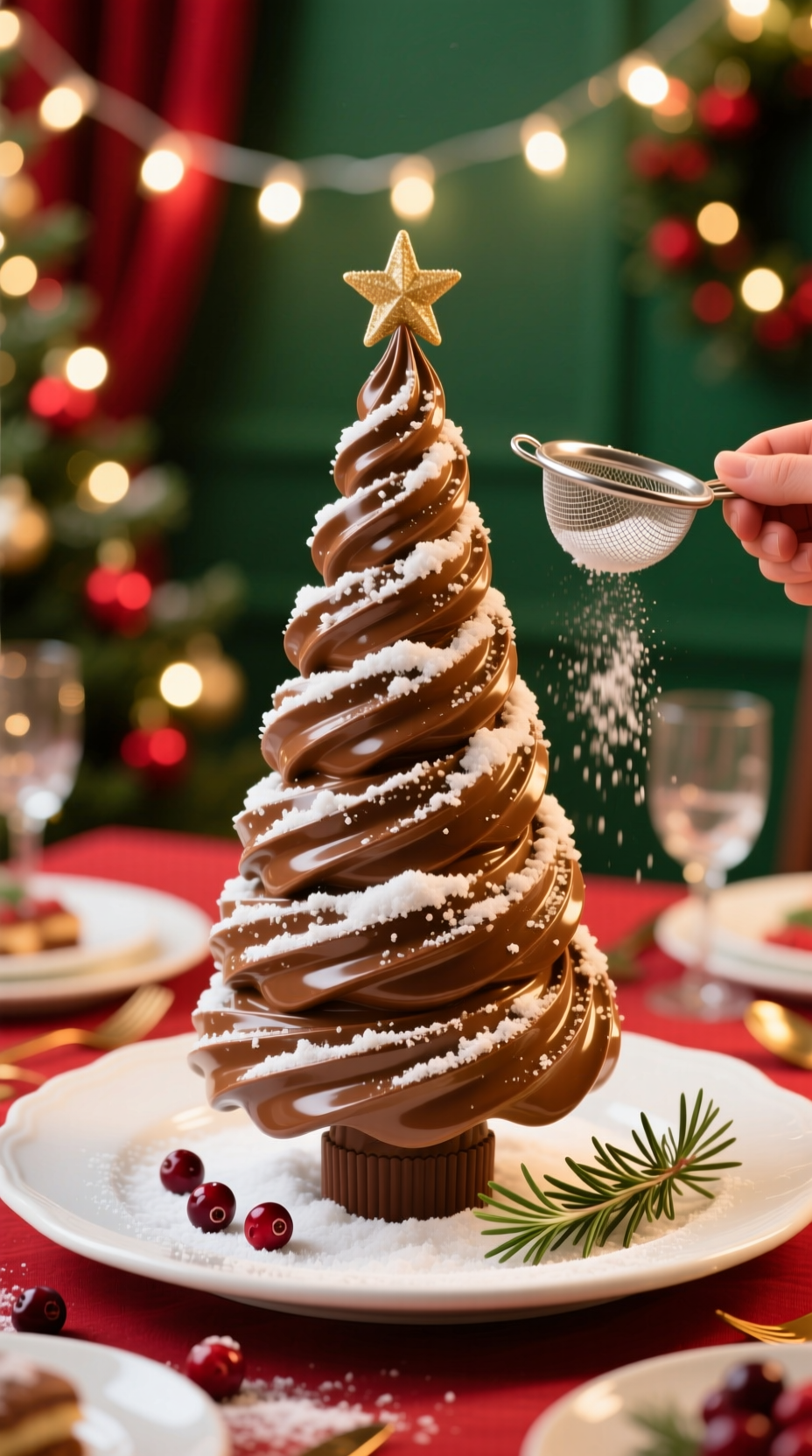 A Hand Dusts A Baked Nutella Christmas Tree With Powdered Sugar, Creating A Snowy Effect On A Festive Serving Platter.