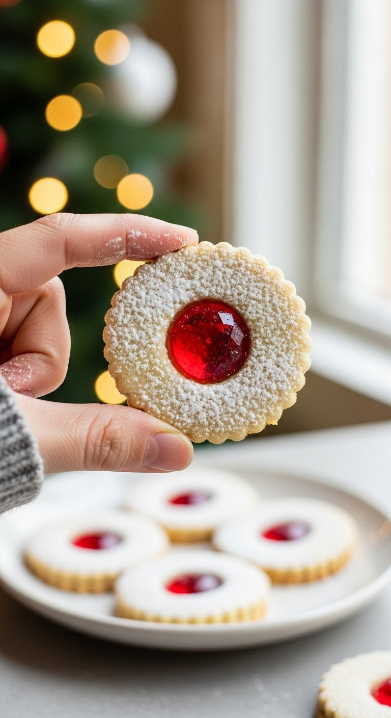 A Hand In A Cozy Sweater Holding A Linzer Cookie With A Glowing Red Stained Glass Candy Center Up To The Light.