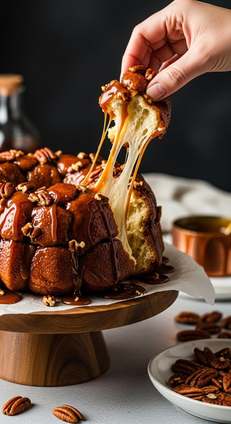 A Hand Pulls A Piece From A Gooey Caramel Monkey Bread, Showing The Soft Dough And Rich Caramel Sauce With Pecans.