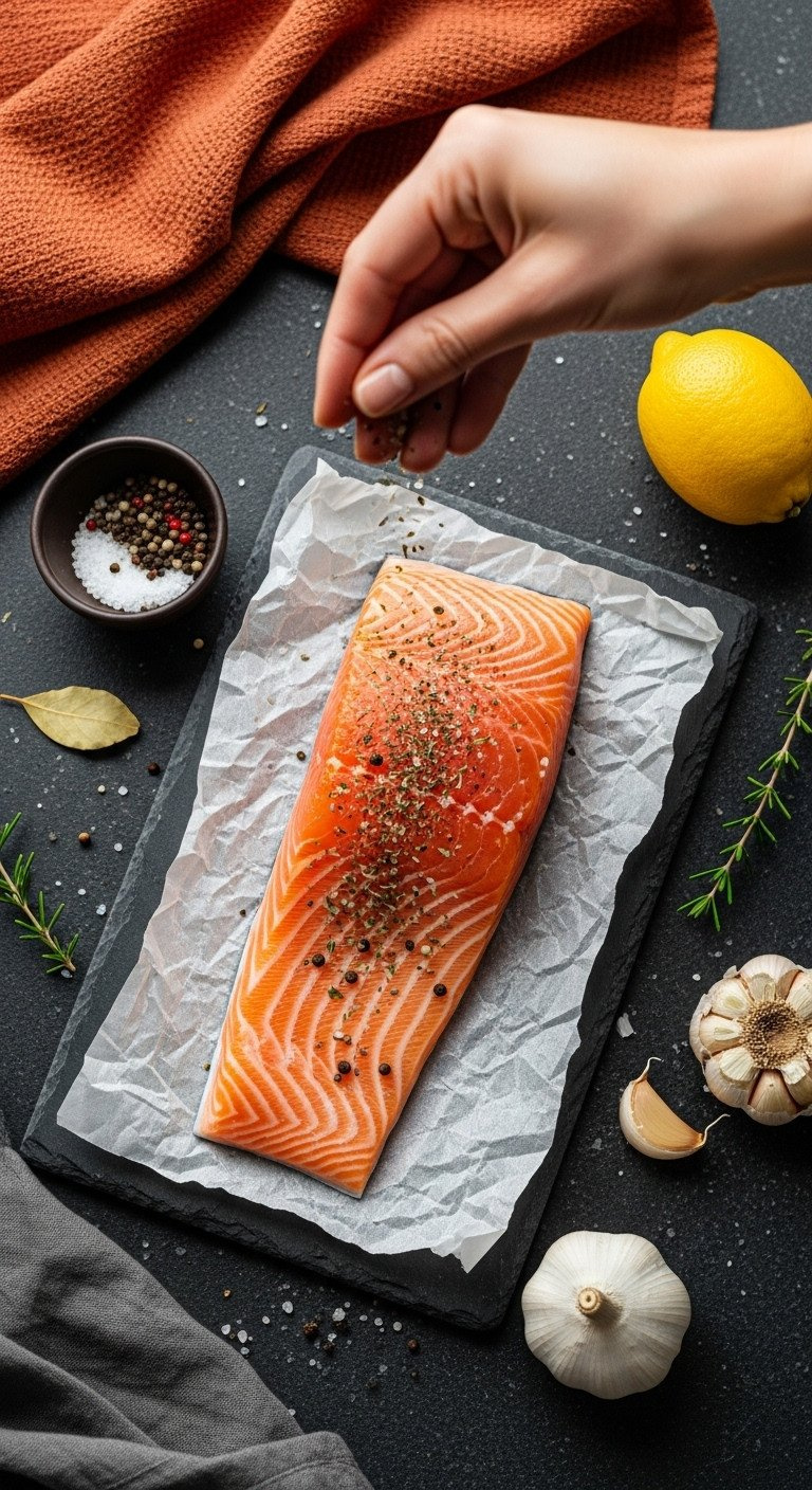 A Hand Seasons A Fresh Raw Salmon Fillet With A Coarse Blend Of Salt, Pepper, And Herbs Before Cooking The Healthy Fish.