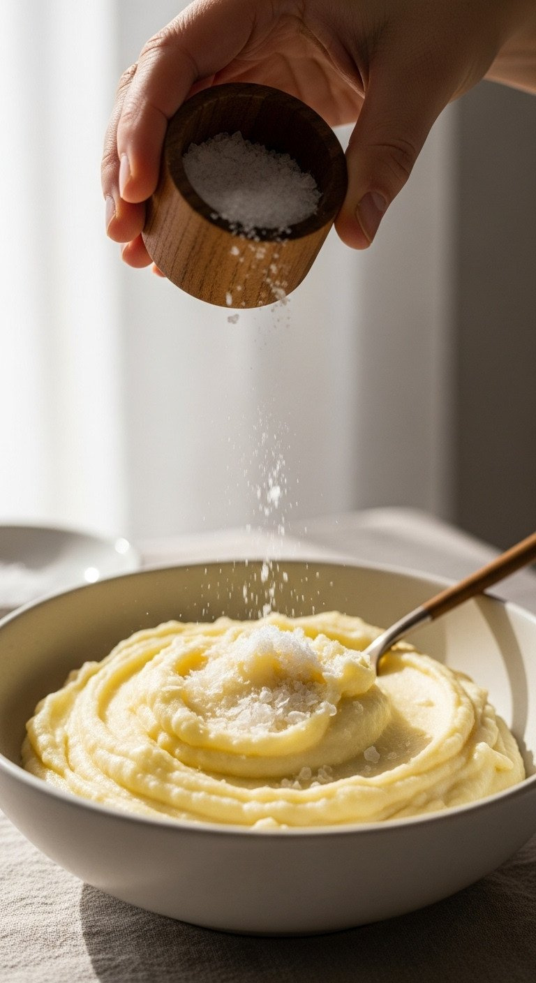 A Hand Sprinkles Flaky Sea Salt From A Wooden Cellar Over Creamy Mashed Potatoes In A Bowl On A Linen Cloth.