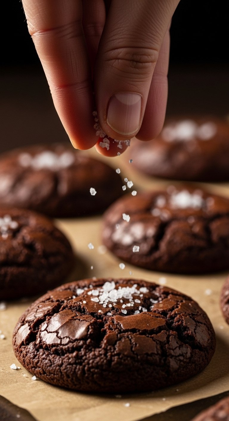 A Hand Sprinkles Pyramid-Shaped Sea Salt Flakes Over A Freshly Baked Chocolate Brownie Cookie.