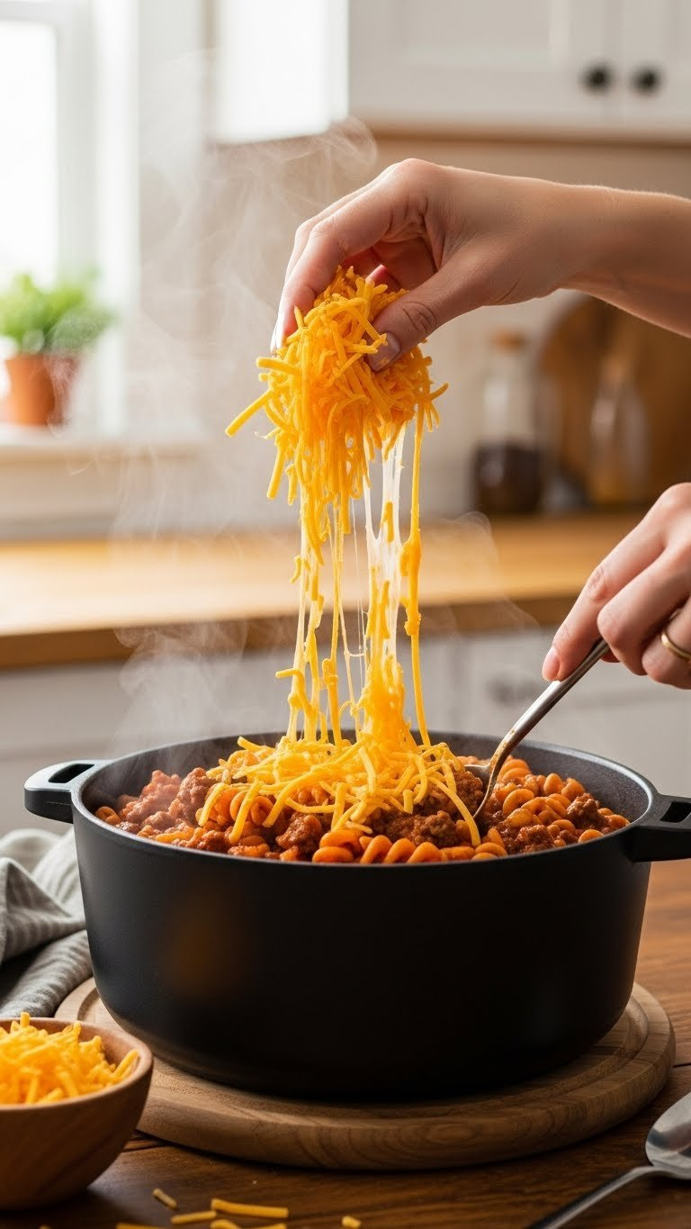 A Hand Stirs Vibrant Orange Shredded Cheddar Cheese Into Steaming Hot Instant Pot Goulash, Creating A Creamy, Delicious Texture.
