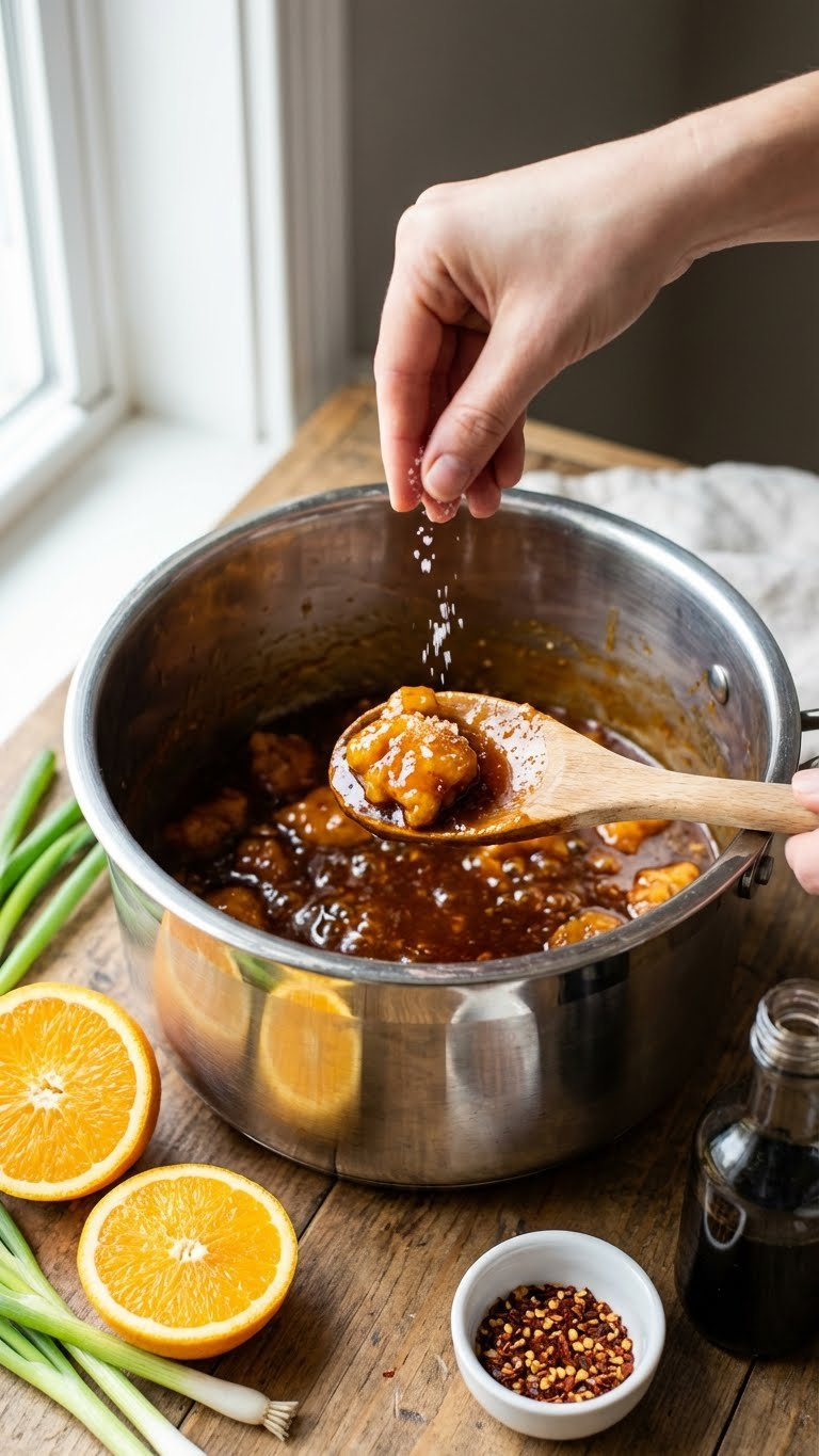 A Hand Tastes Glossy Instant Pot Orange Chicken Sauce With A Wooden Spoon, Adding Sriracha, Surrounded By Orange Slices.