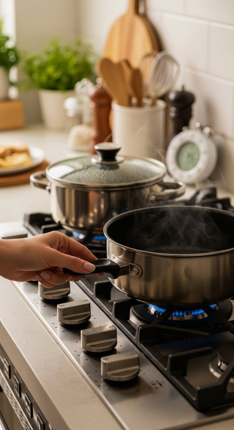 A Hand Turns The Stove Knob To A Low Setting, Simmering Rice In A Covered Saucepan With A Glass Lid On The Cooktop.