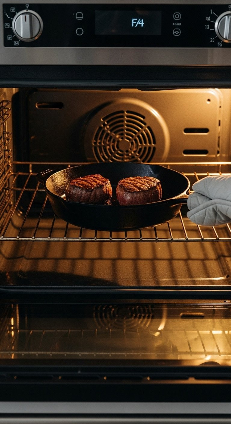 A Hand With An Oven Mitt Places A Cast Iron Skillet With Two Seared Filet Mignon Steaks Into A Preheated, Glowing Oven.