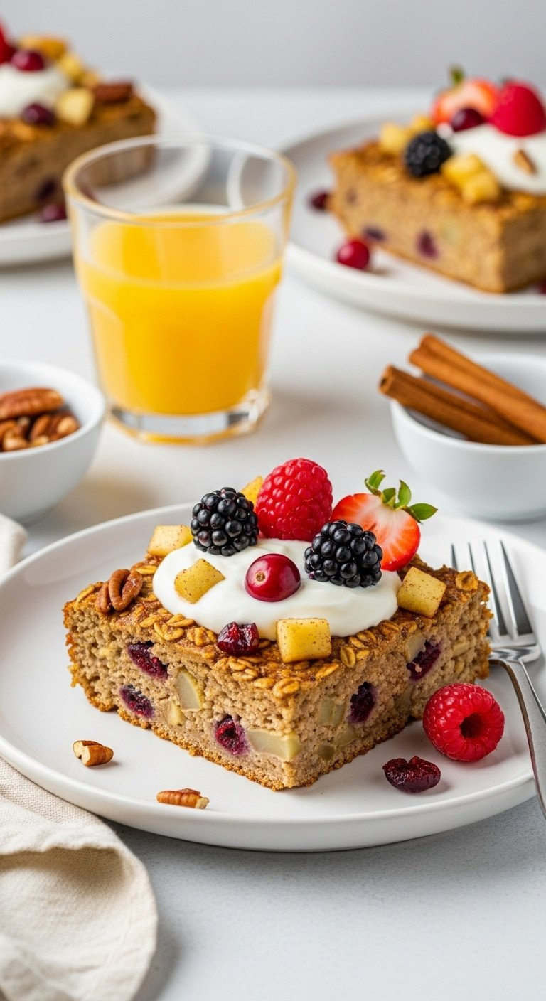 A Healthy Slice Of Baked Oatmeal With Apples And Pecans, Topped With Yogurt And Fresh Berries For A Wholesome Breakfast.