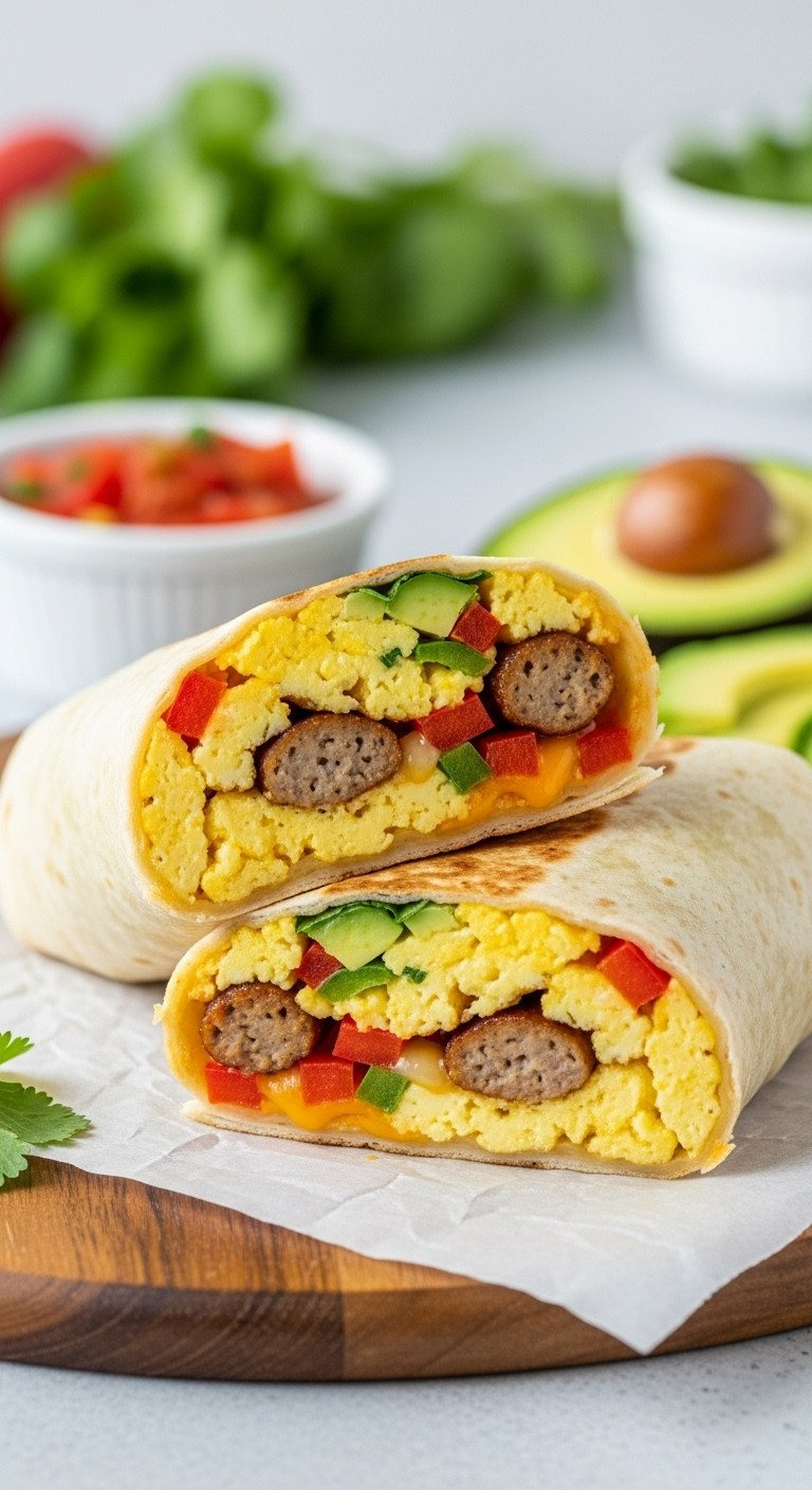 A Hearty Breakfast Burrito Sliced In Half, Revealing Scrambled Eggs, Sausage, Melted Cheese, And Peppers On A Wooden Board.