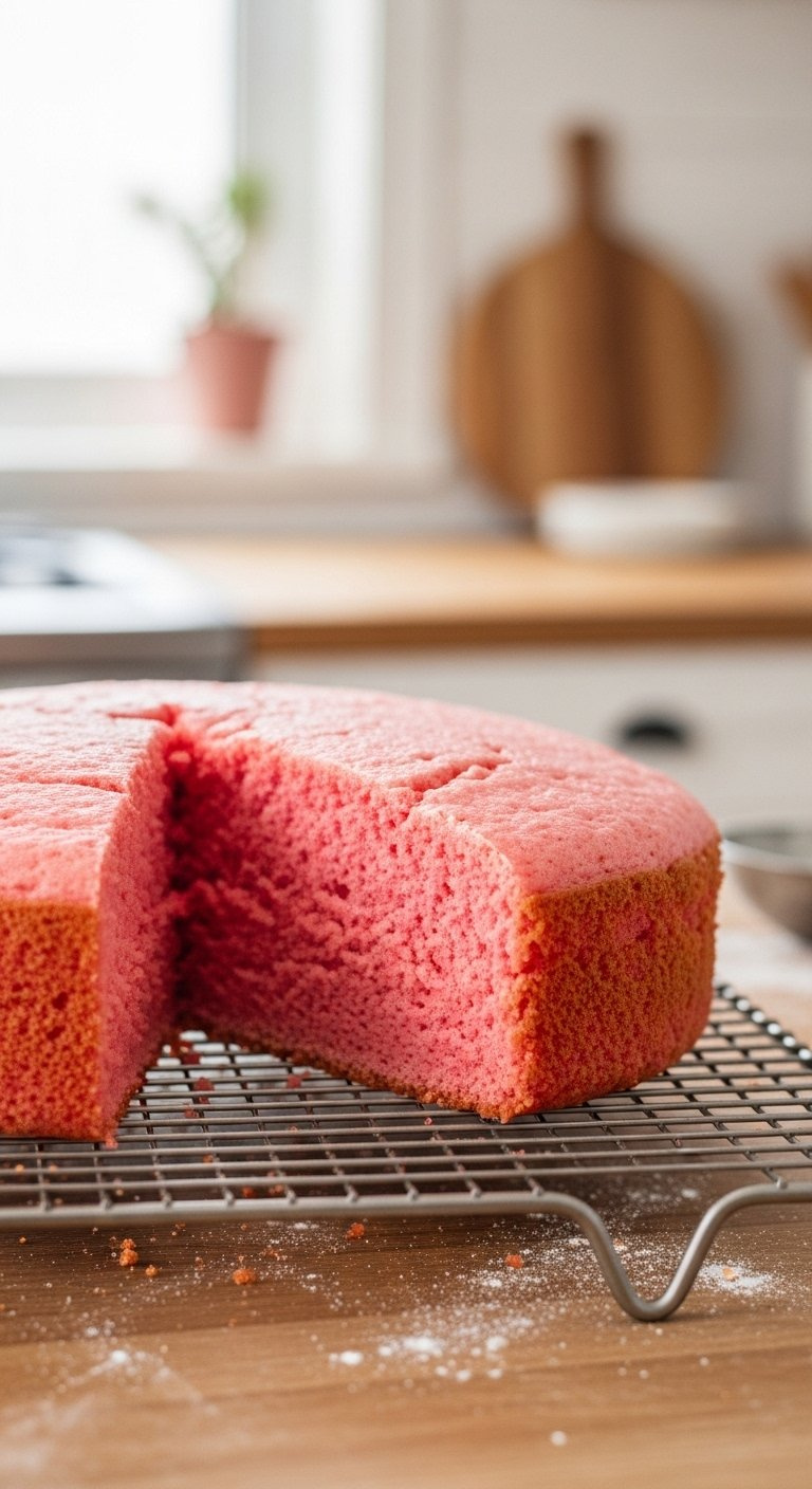 A Hyperrealistic Close-Up Of A Perfectly Baked Pink Cake Layer Cooling On A Wire Rack With A Soft Bokeh Background.