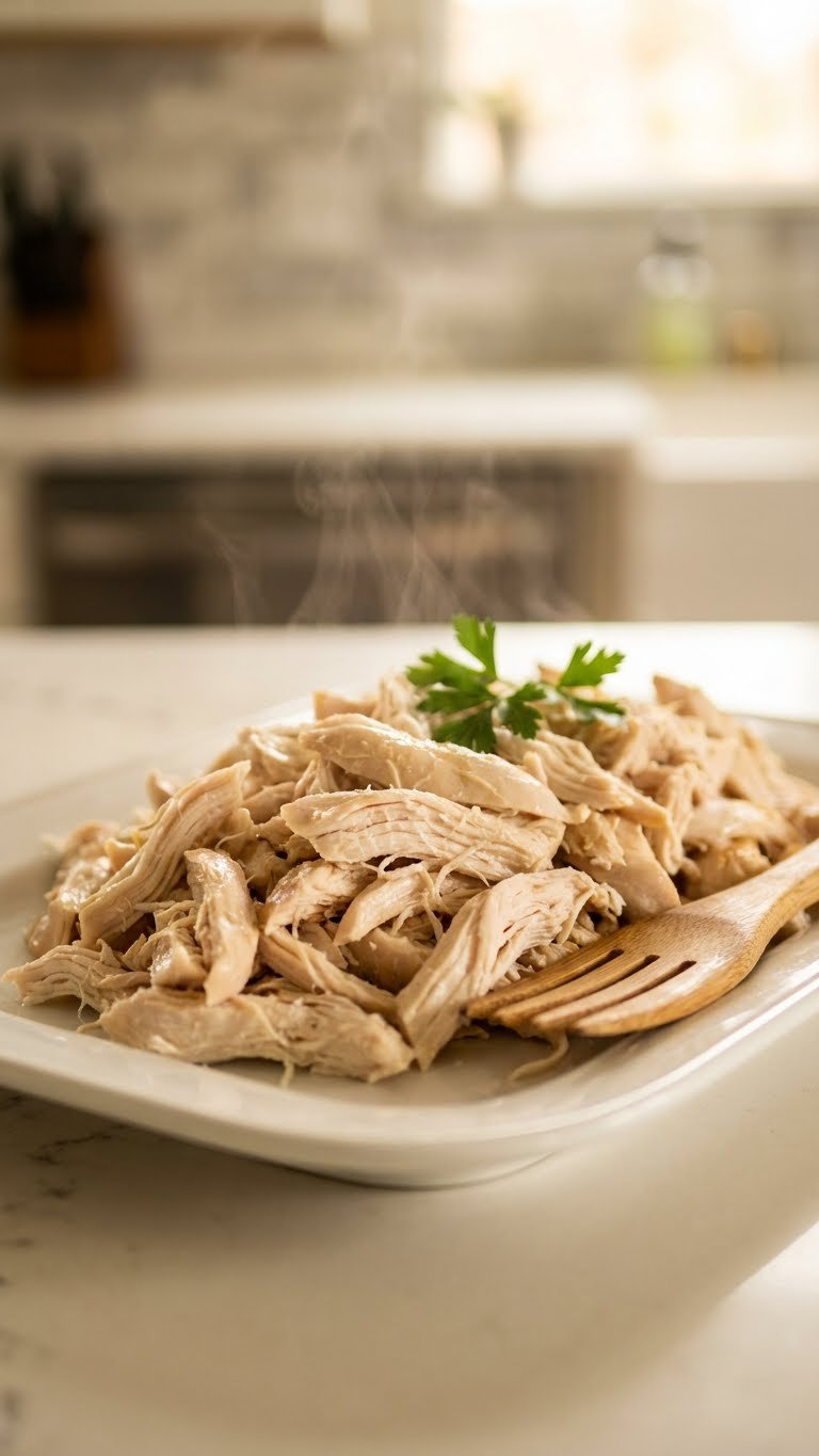 A Hyperrealistic Photograph Showcases A Mound Of Moist, Tender Shredded White Meat Chicken On A Ceramic Platter With A Wooden Fork And Parsley.